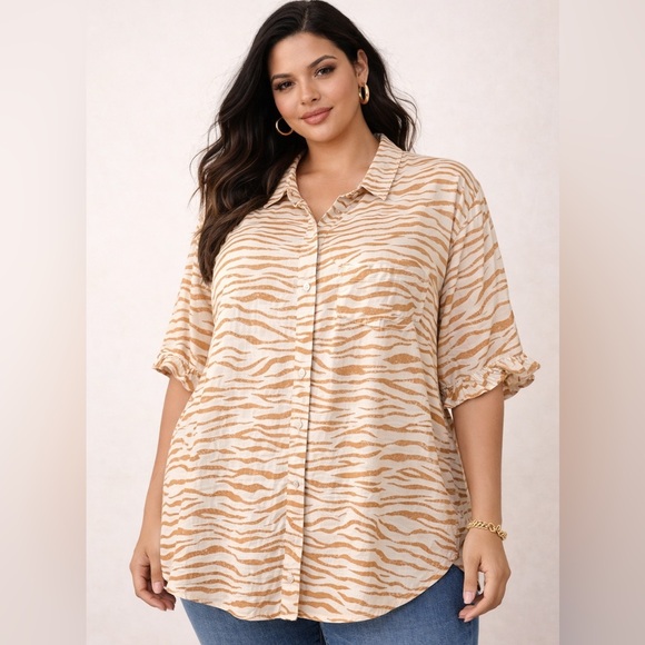 Ava & Viv Tops - Ava & Viv Tan and White Casual Button Down Shirt